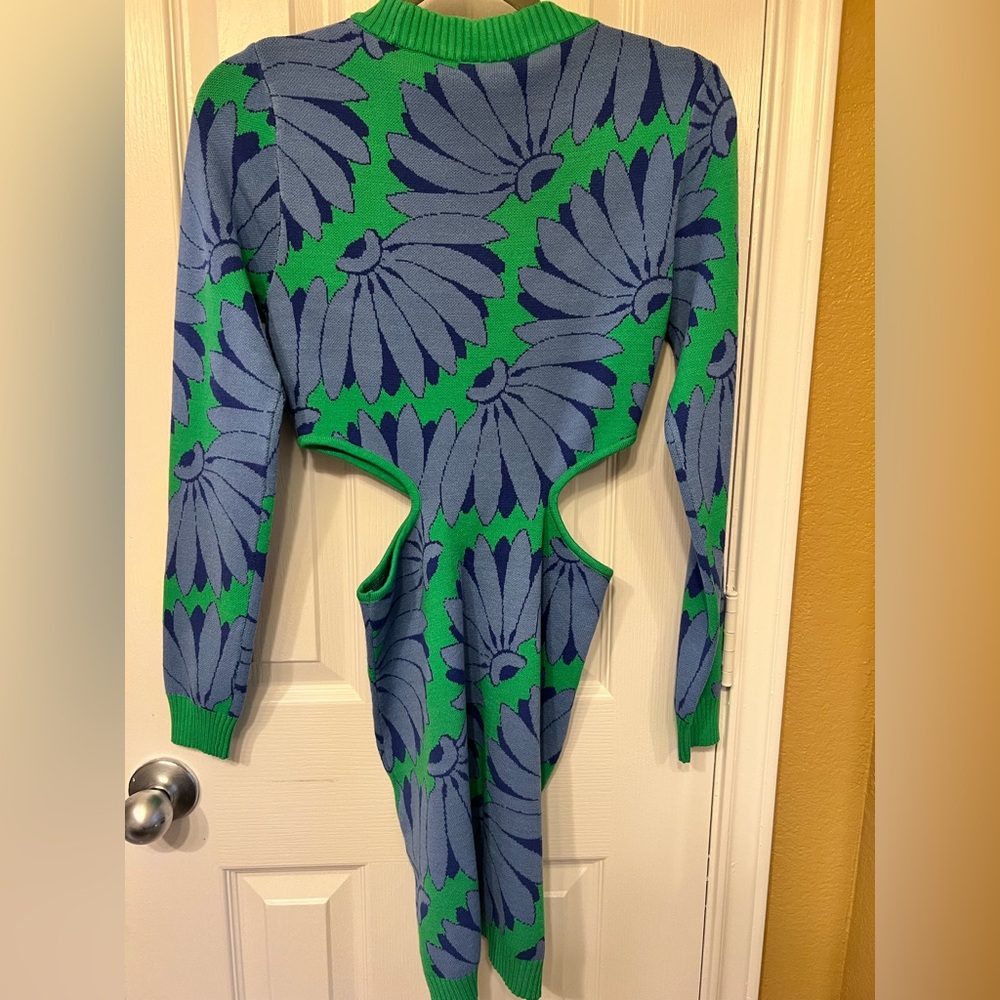 NWT Farm Rio Green & Blue Floral Cutout Long Sleeve Mini Dress, Size XS - Picture 7 of 7